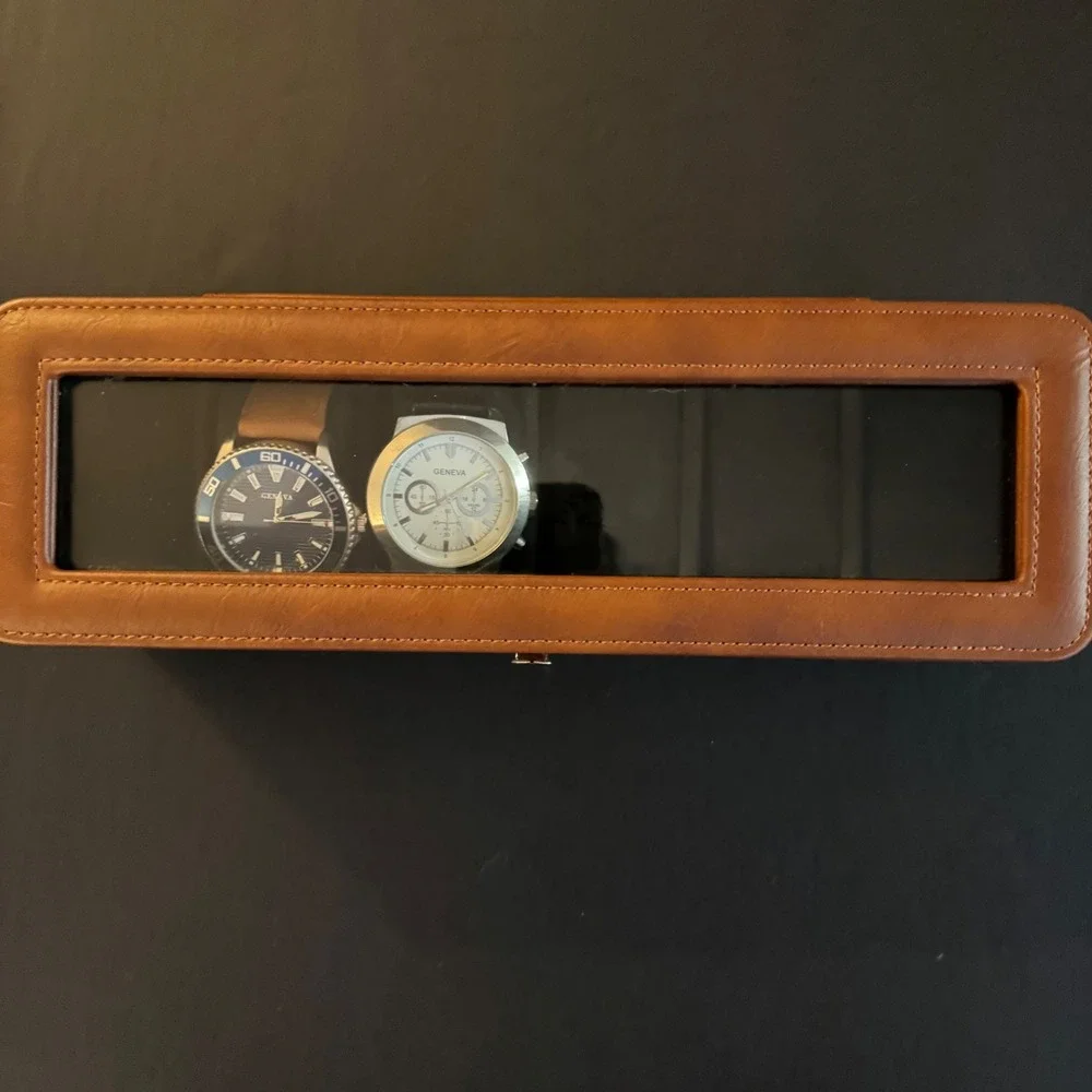 Mens OS Geneva Wristwatch Set Blue White Excellent 2 Watches With 6 Slot Case